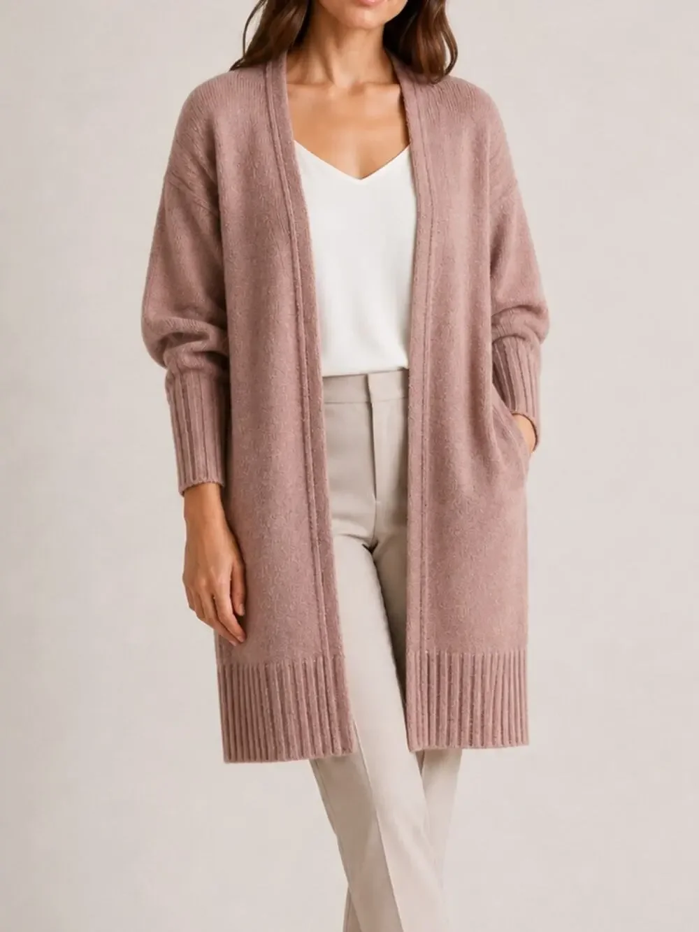 Blush Pink Longline Open Front Cardigan Ribbed Knit Size 10